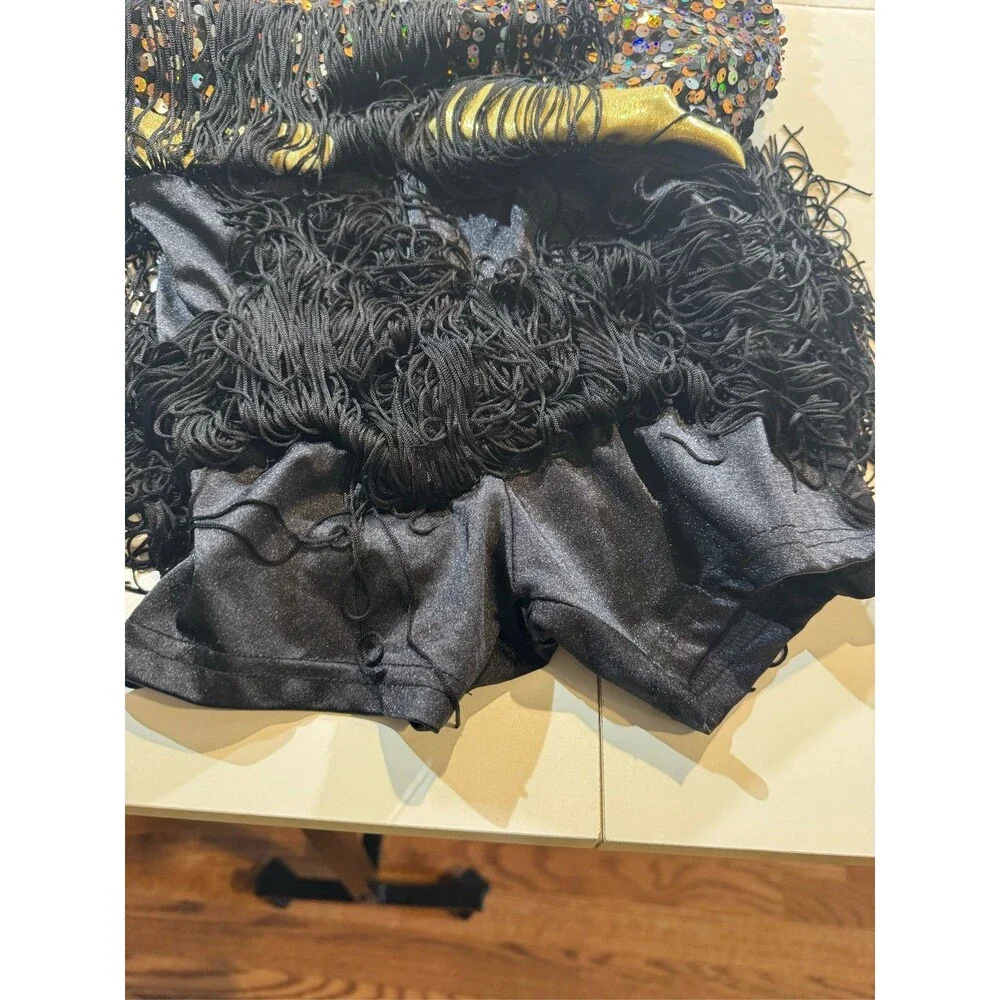 Weissman Black Gold Sequin Fringe Leotard Shorts Large Child LC